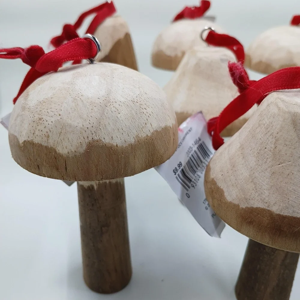 Place & Time Wooden Mushroom Christmas Ornaments Set Of 7 Rustic‎ Decor Holiday